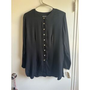 Impressions Blouse Large Women Black Long Sleeve Button Down Shoulder Pads